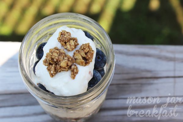 Blueberry cheesecake yogurt parfait in a Mason jar